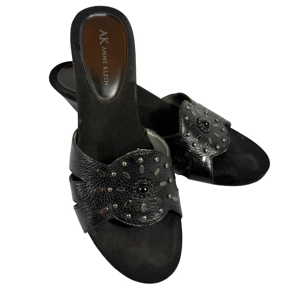 Anne Klein Slides Sandals Womens 7.5M Black Leather Heels